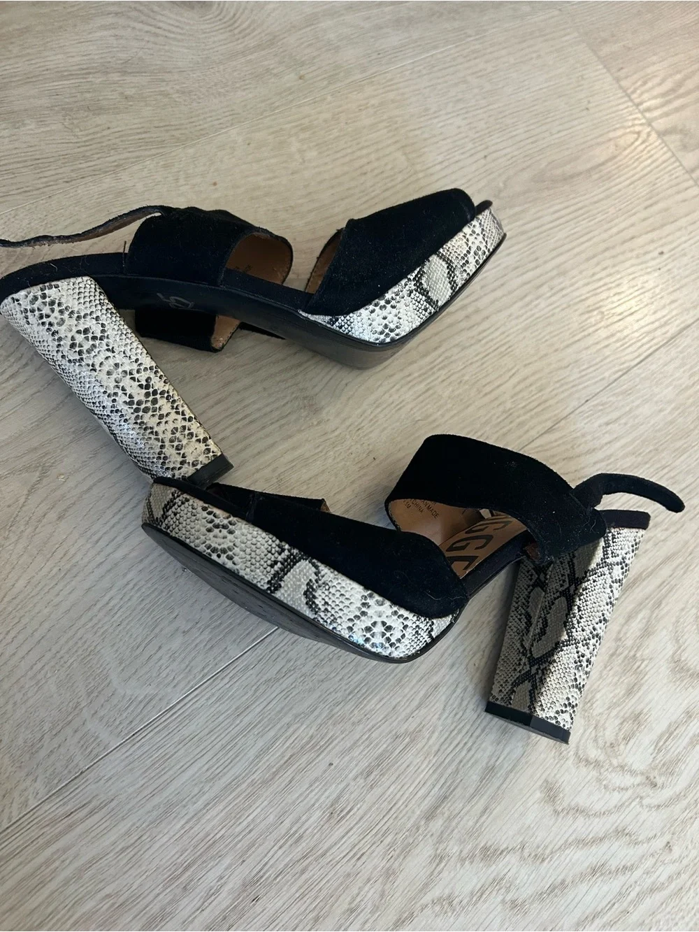 Kelsi Dagger Black Suede Sandals with Snake-Print Block Heel